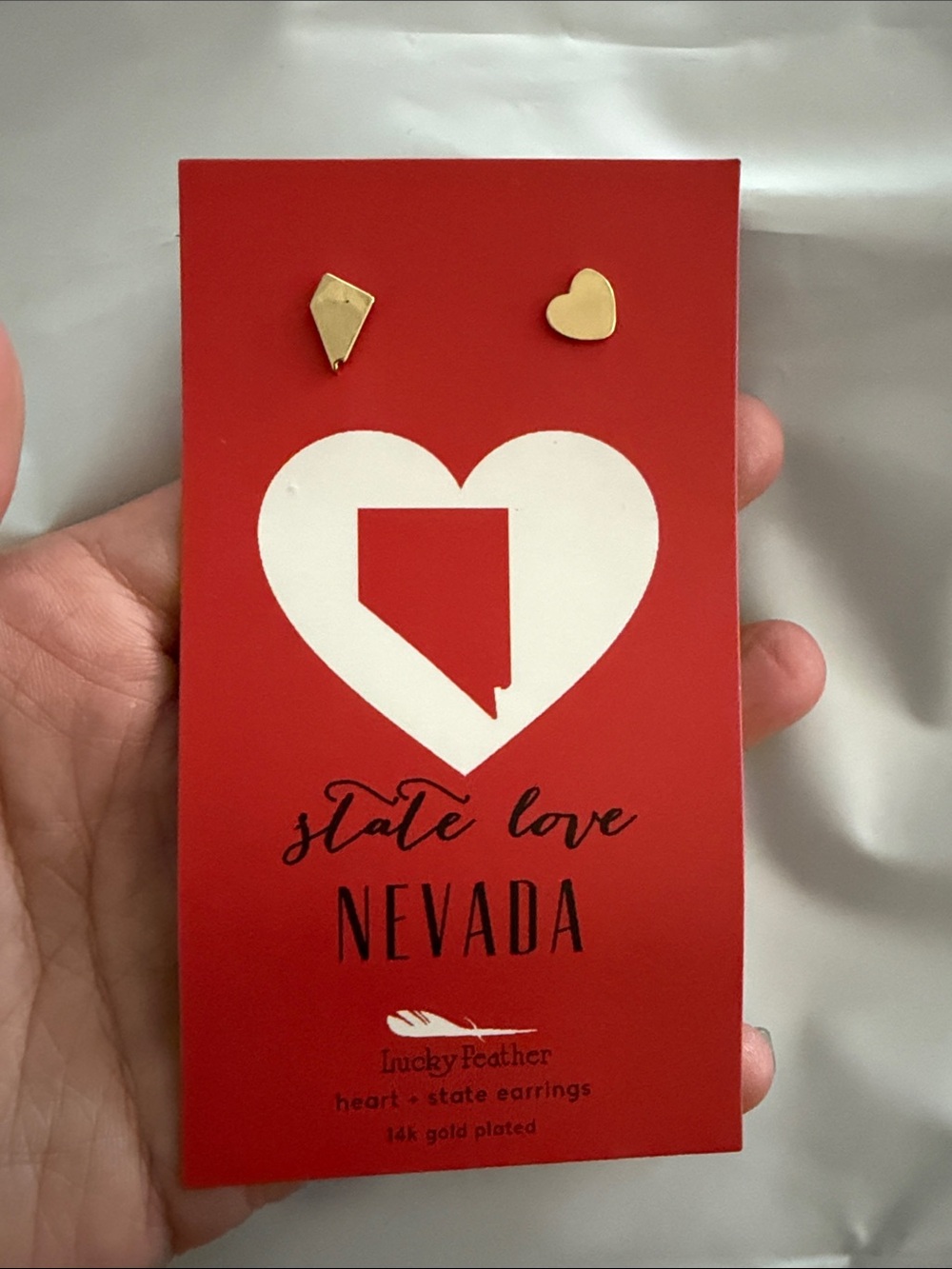 Nevada - Lucky Feather Heart + State Earrings 14k Gold Plated State Love
